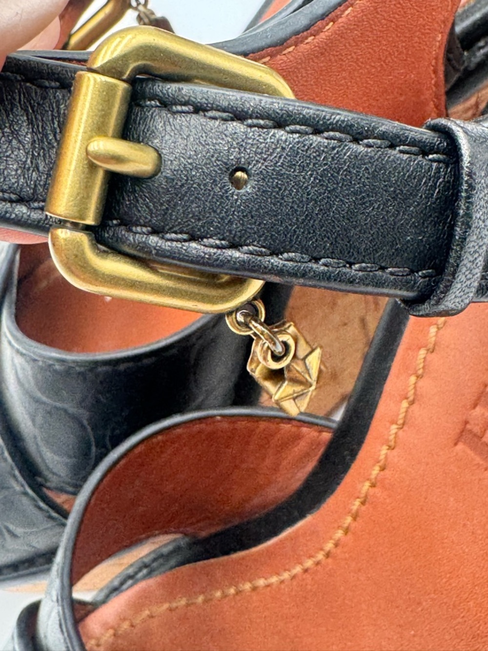 Coach Black Leather Cork Wedge Sandals with Gold Buckle - Picture 10 of 10